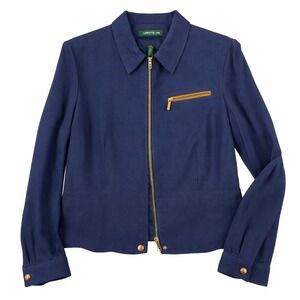 Lauren Ralph Lauren Linen Blend Zip Blazer Jacket – Women's 14 Navy Leather Trim